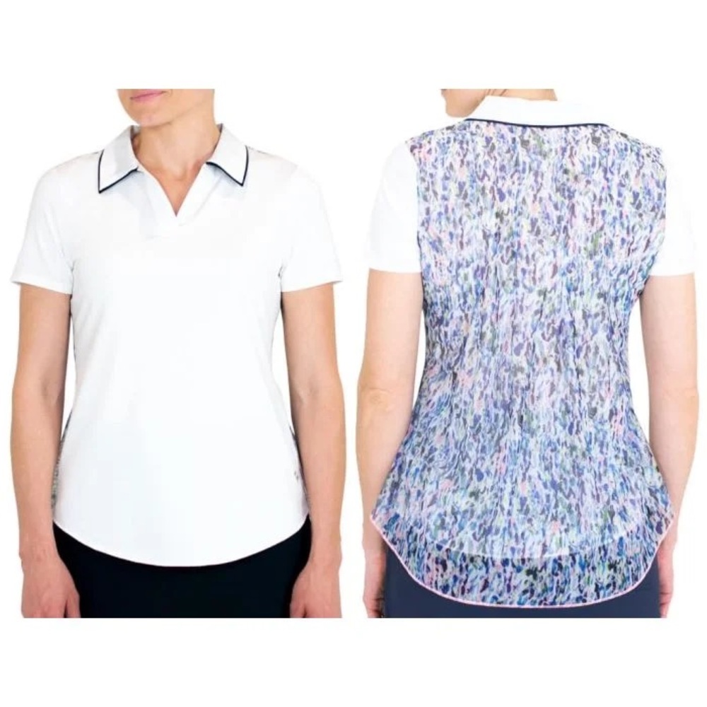 Jofit White Short Sleeve Polo with Multi-Color Printed Back